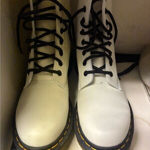 Dr. Martens White Lace-Up Boots with Black Laces and Yellow Stitching